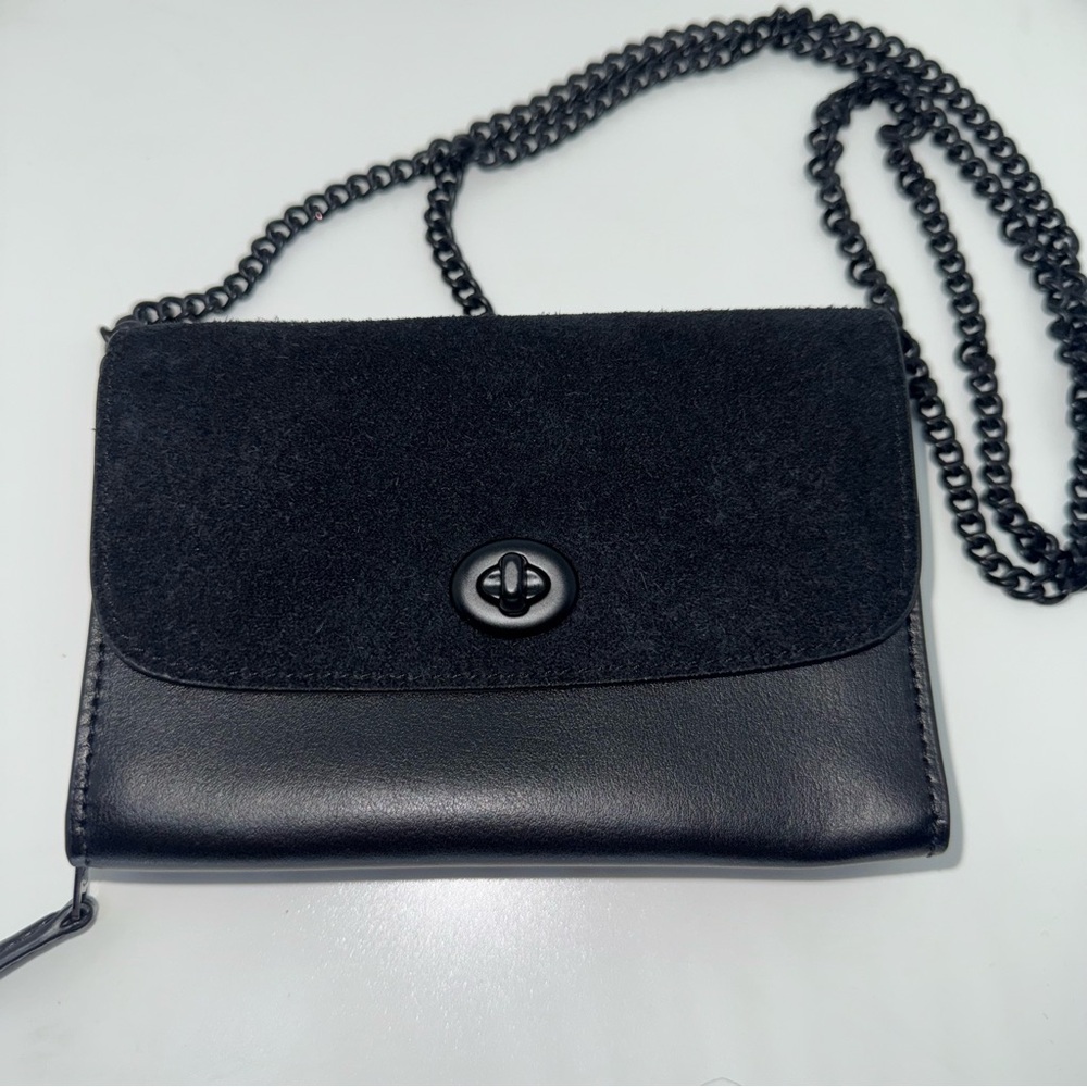 Coach Black Mixed Suede / Smooth Leather Wallet on Chain!